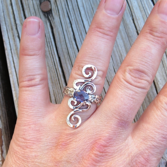 SOLD Rose Cut Natural Iolite Scroll Statement Ring - Picture 2 of 7
